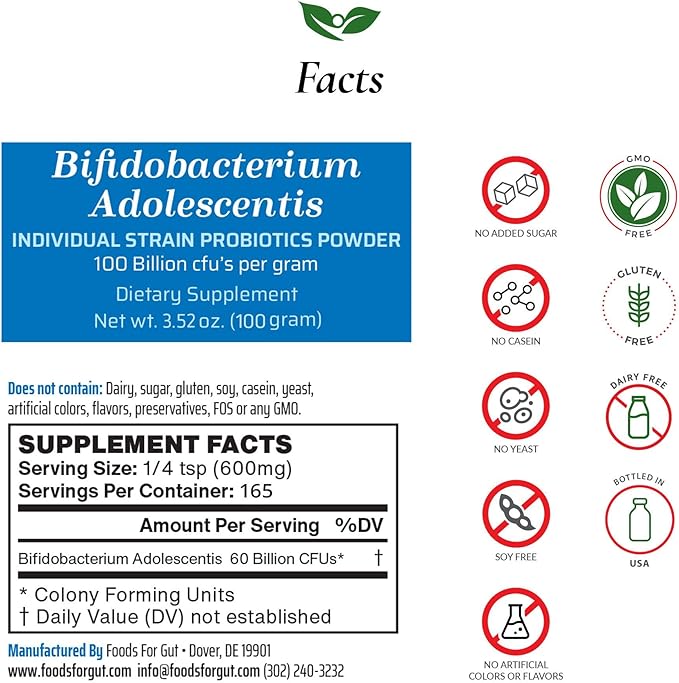 Foods For Gut Bifidobacterium Adolescentis Probiotic Powder 100 Billion cfu's | No Additives | Digestive &amp Immune Support | High Potency | B. Adolescentis | 100 Gram (3.52 Oz)