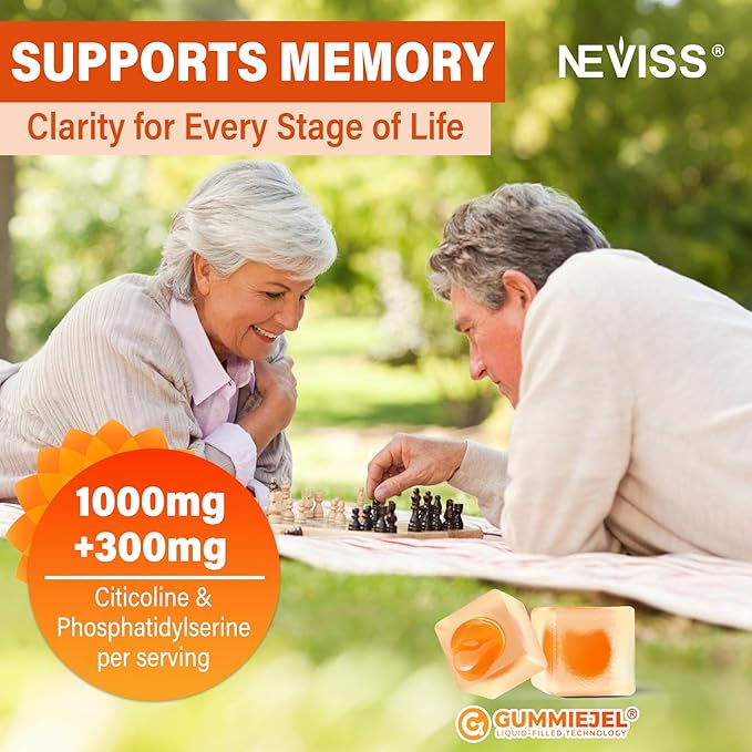 Citicoline 1000mg &amp Phosphatidylserine 300mg Supplements CDP Choline Gummies Brain Supplement for Memory and Focus w/ Lion's Mane Mushroom Omega-3 Methylfolate B6 &amp B12 Non-GMOSugar Free