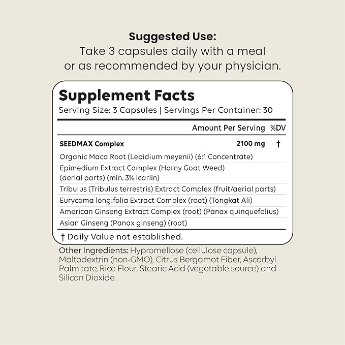 SEED MAX™ Men’s Fertility Supplement – Advanced Male Fertility Support with Maca Tongkat Ali &amp Ginseng – Supports Sperm Count Motility &amp Semen Volume – 90 Capsules (30-Day Supply)