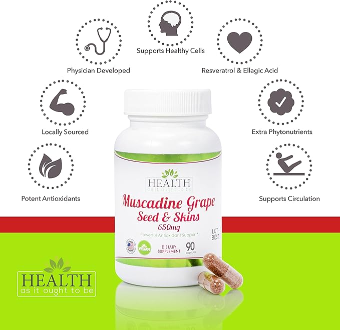 Health As It Ought To Be Muscadine Grape Seed &amp Skins 650 mg Supplement | Physician Formulated Powerful Antioxidant Support Beyond The Average Grape | 90 Capsules