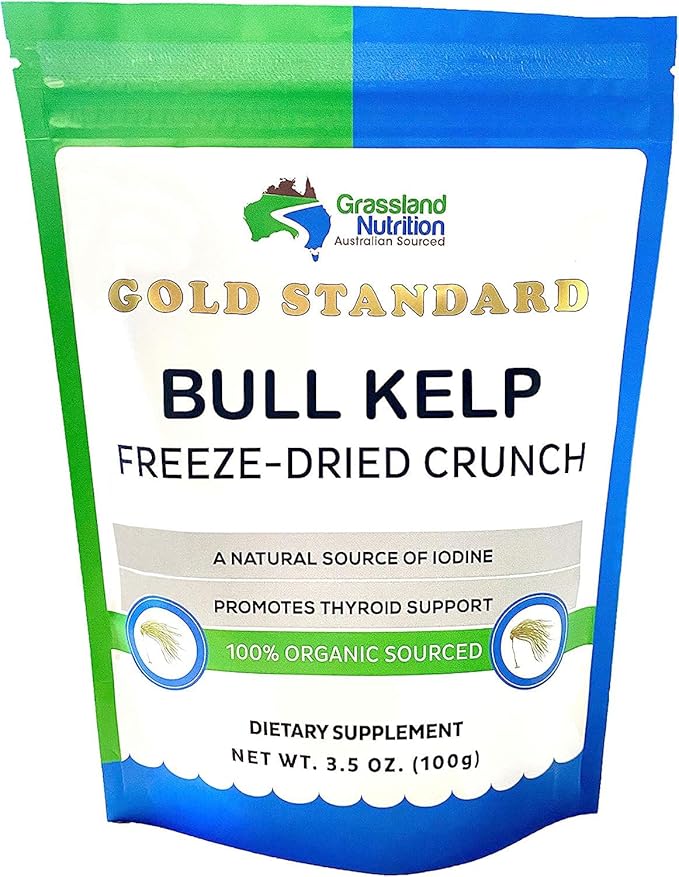 Grassland Nutrition Organic Bull Kelp Crunch (Durvillaea potatorum) 3.5 OZ - Natural Iodine for Thyroid Support sustainably Wild harvested No GMOs and Vegan Friendly