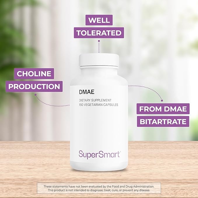 Supersmart - DMAE Supplement 390mg per Day (Dimethylaminoethanol) - from DMAE Bitartrate - Choline Production | Non-GMO &amp Gluten Free - 150 Vegetarian Capsules