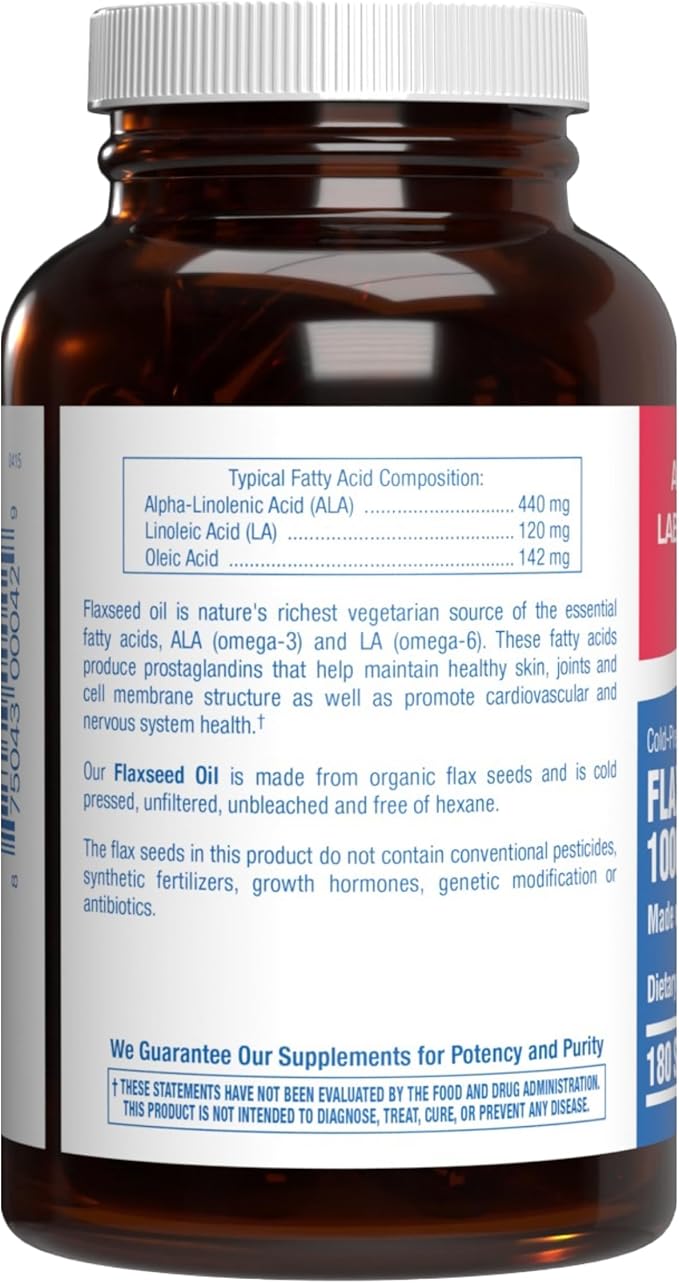 Cold Pressed Organic Flaxseed Oil 1000mg Softgels - Non GMO Organic Flax Seed Oil Rich in Naturally Occurring Omega 3 6 9 for Full Body Benefits - Fish Free Omega 3 Supplement (180 Softgels)