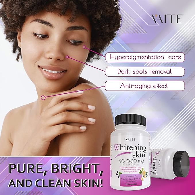VAITE Glutathione Whitening Pills - Dark Spots &amp Acne Scar Remover - 90000mg - Vegan Skin Bleaching Pills with Anti-Aging &amp Antioxidant Effect - 120 Capsules (2 Pack)