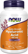 NOW Foods Supplements Hyaluronic Acid 100 mg Double Strength with L-Proline Alpha Lipoic Acid and Grape Seed Extract 120 Veg Capsules