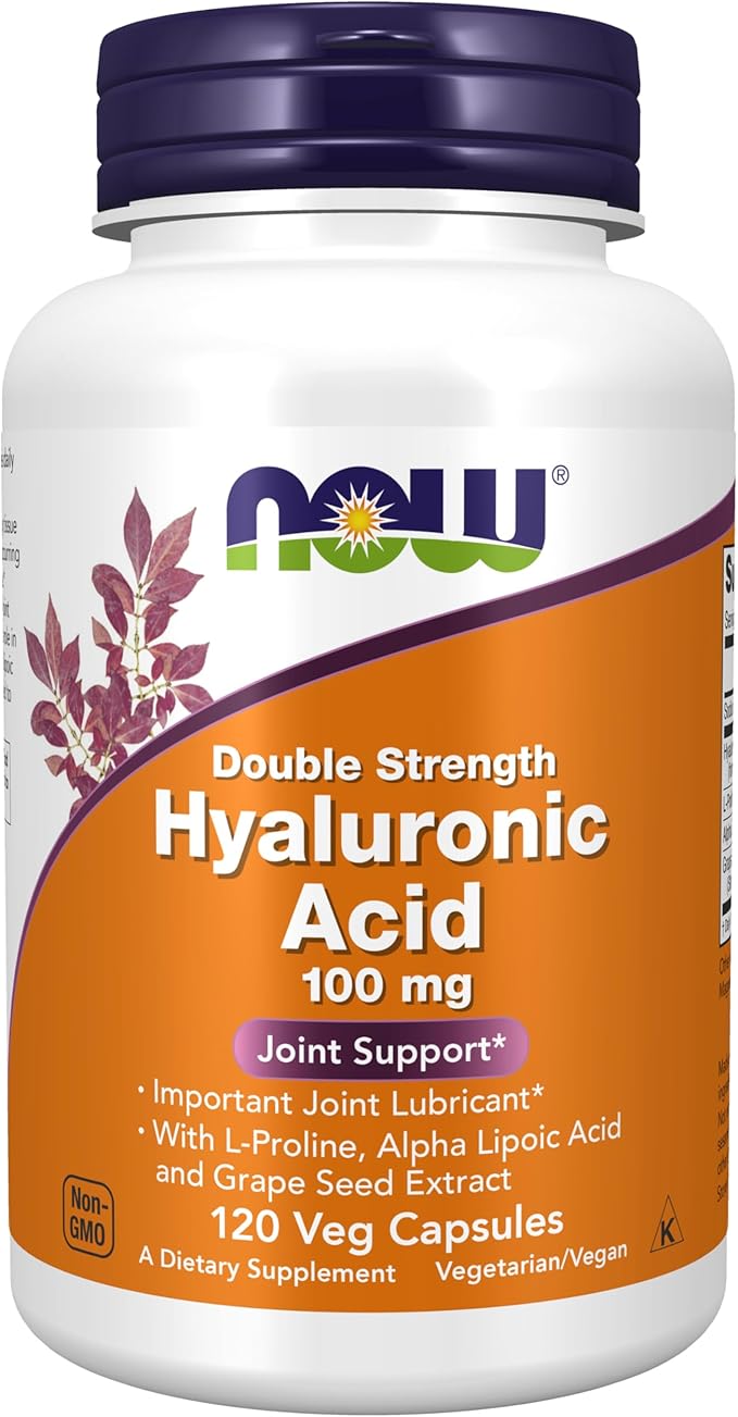 NOW Foods Supplements Hyaluronic Acid 100 mg Double Strength with L-Proline Alpha Lipoic Acid and Grape Seed Extract 120 Veg Capsules