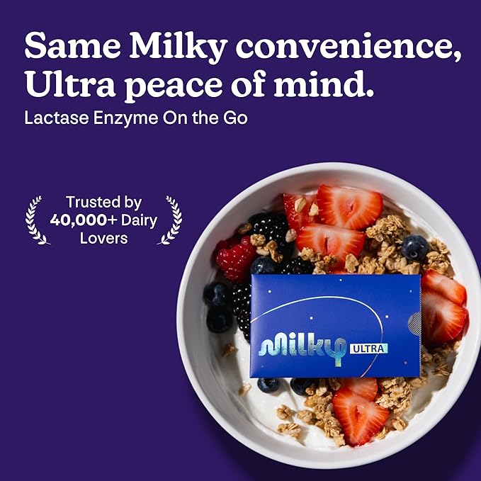 Milky Ultra Lactose Intolerance Pills - 21000 FCC - Extra Strength Dairy Relief for Lactose Intolerance - Lactase Enzyme Tablets - Portable Credit Card Sleeves (96 Count - Astral Violet)