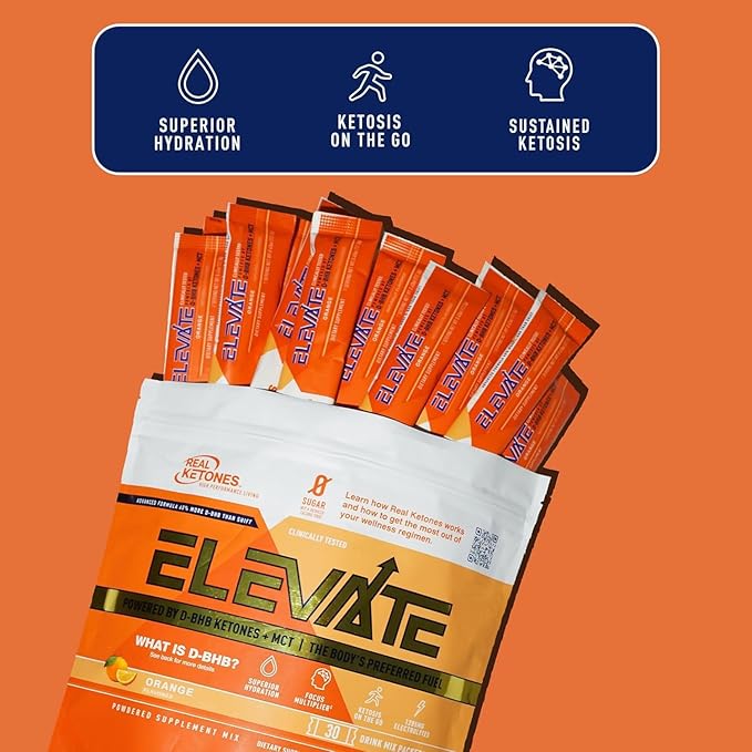 Real Ketones MCT &amp BHB Exogenous Ketones Drink Mix Packets Elevate Keto Electrolytes Powder Packets No Sugar with 4 Main Electrolytes Plus Hydrating Proprietary Keto BHB - 30 Pack Orange