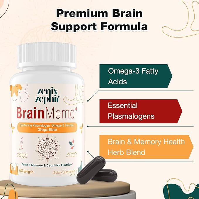 Memory Focus Supplement - Brain Support with Omega-3 Bacopa and Plasmalogens for Enhanced Cognitive Function - Concentration and Memory - Non-GMO 60 Softgels