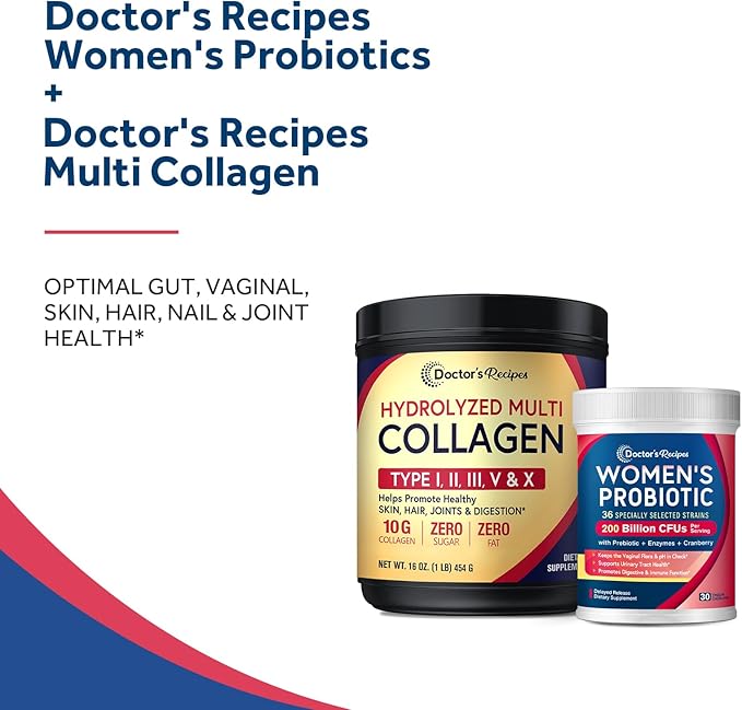 Doctor's Recipes Multi Collagen Peptides Powder 16oz and Probiotics for Women 30 Caps