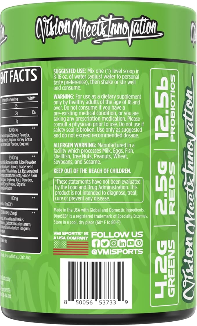VMI Sports Greens + Reds Advanced Superfood Immunity and Gut Health | Enzymes &amp Probiotics | 30 Servings (Peach Iced Tea)