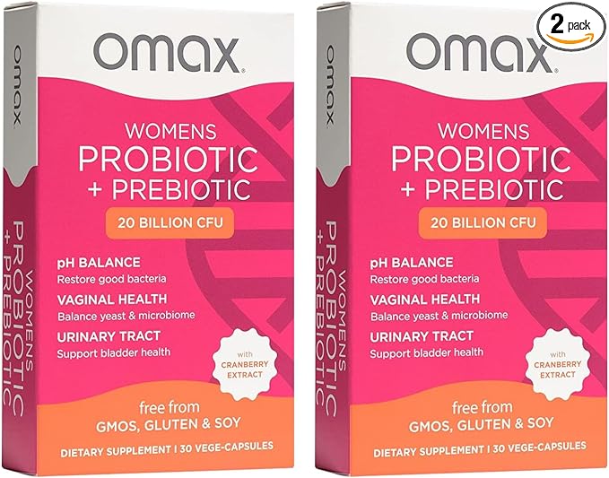Omax Probiotic Prebiotic for Women – 20 Billion CFU Cranberry Extract &amp Chicory Root 6 Strains Vaginal &amp Urinary Tract SupportpH Balance Gut Health 60 Vege-Capsules Blister Pack – 2 Box