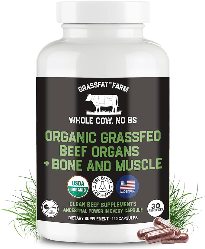 Grassfat Farm - USDA Certified Organic 100% Grassfed Beef Organ Supplements - Whole Cow with Nothing Added - Beef Liver Kidney Lungs Heart Bone &amp Muscle - NO Uterus or Fallopian - 30-Day Suppl