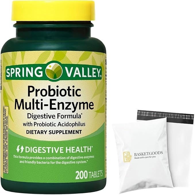 Spring Valley Probiotic Multi Enzyme- Digestive Formula 200ct Tablets with acidophilus for Gut Health (Pack of 1) Set by Basket Goods