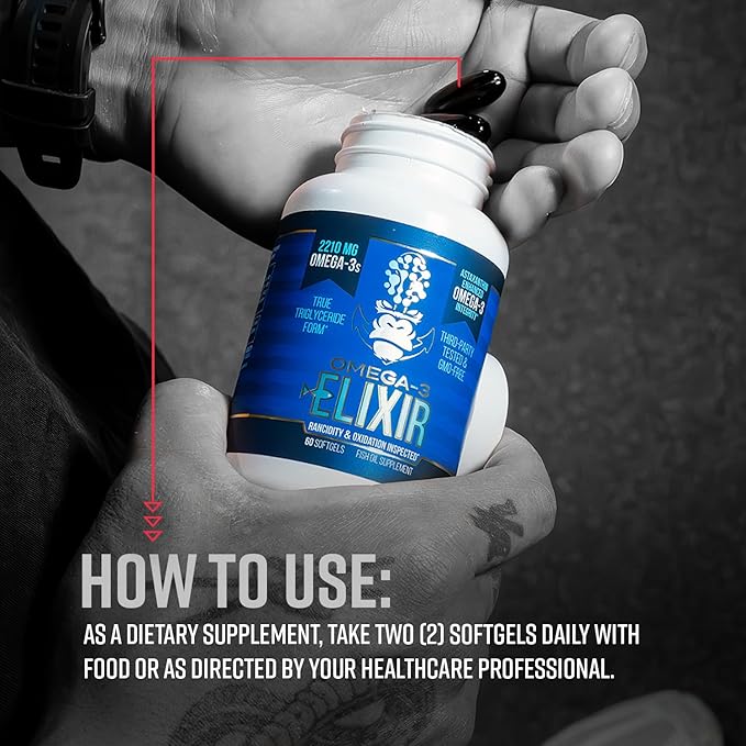 Gorilla Mind Omega-3 Elixir™ | 2210mg Fish Oil Re-Esterified Triglyceride Form | EPA DHA + 2 Fatty Acids | Astaxanthin Infusion for Bolstered Integrity | 3rd Party &amp Rancidity Tested | 60 Softgel