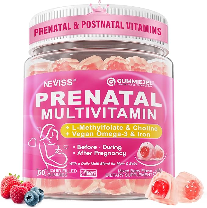 Prenatal Vitamins for Women Multivitamin Gummies w/ Methylfolate 1mg Choline Omega-3(DHA+EPA) Iron Postnatal Vitamins for Women Breastfeeding | BeforeDuring &amp After PregnancySugar FreeVegan6