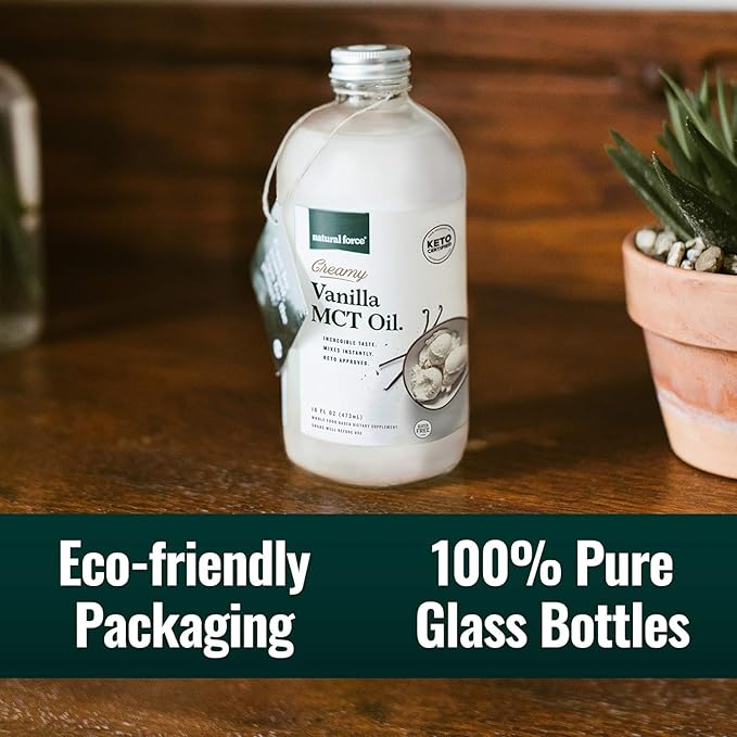 Natural Force Creamy Vanilla MCT Oil + Organic MCT Oil – Gluten-Free Non GMO 100% Pure Coconut MCTs from Organic Coconuts – Keto Paleo and Vegan – 2x 16 Ounce Glass Bottles