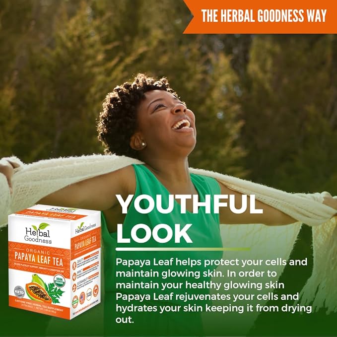 Herbal Goodness Organic Papaya Leaf Tea &amp Liquid Extract Bundle – Digestive &amp Blood Platelet Support – USDA Organic Non-GMO Caffeine-Free – 24 Tea Bags &amp 1 oz Liquid Extract (2-Item Kit)