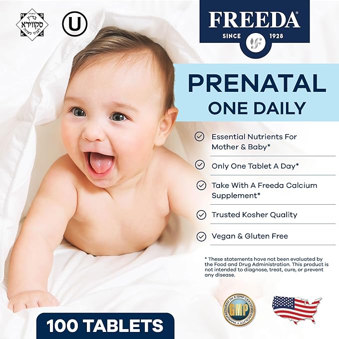 FREEDA Prenatal Vitamin - Kosher Prenatals - Prenatal Vitamins with Iron Prenatal Folic Acid Choline Vitamin D - One Daily Pre Natal Multivitamin Support for Pregnant &amp Lactating Women (250)