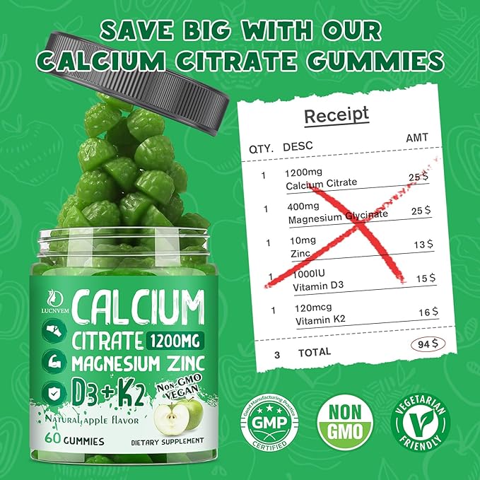Calcium Citrate 1200 mg with Vitamin D3 Gummies Calcium Citrate Magnesium Zinc with Vitamin D3 Supplement for Women &amp Men Bone &amp Teeth Support Natural Apple Flavor - 30 Day Vegan Supply