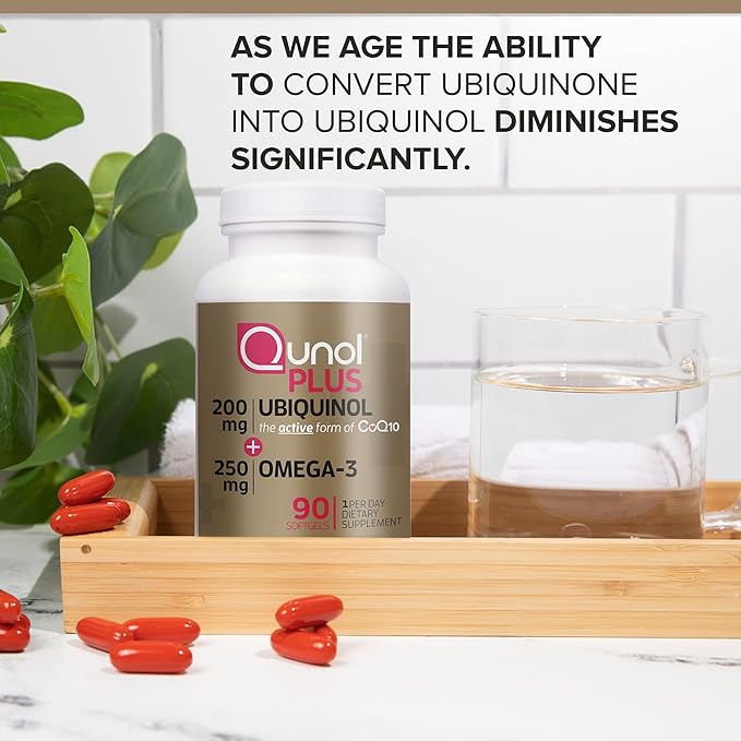 Qunol Plus Ubiquinol Coq10 200mg with Omega 3 250mg Extra Strength Antioxidant (Bovine Version) 90 Count