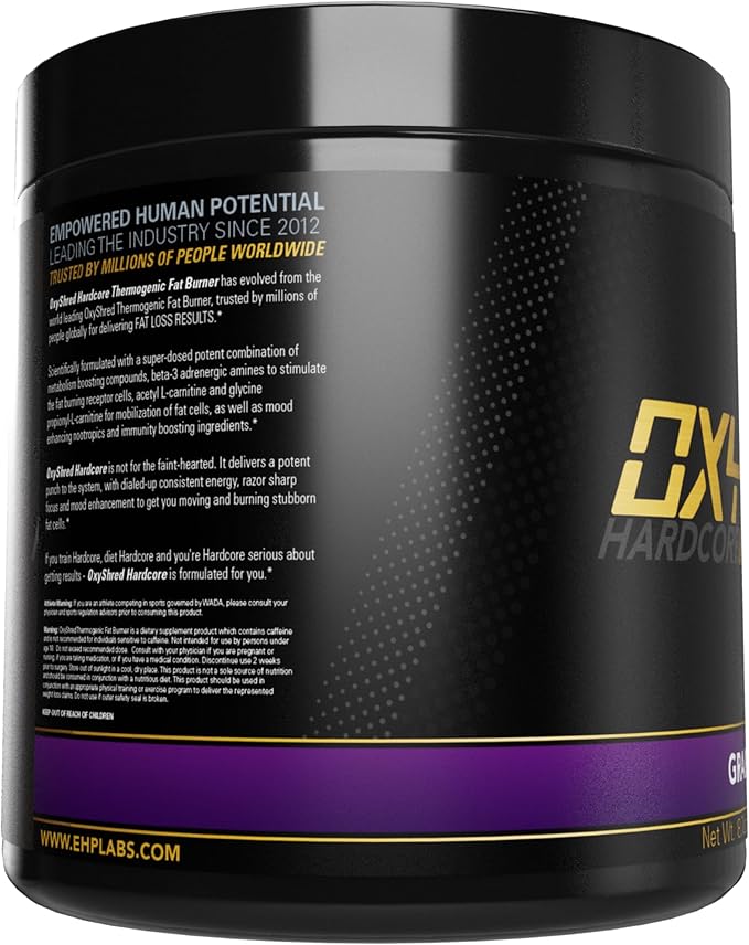 EHP Labs OxyShred Hardcore Super Dosed Pre Workout Powder - Preworkout Powder with L Glutamine &amp Acetyl L Carnitine Energy Boost Drink - 275mg of Caffeine - Grape Bubblegum 40 Servings
