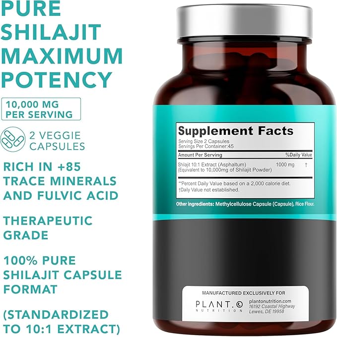 Pure Himalayan Shilajit Capsules - 10000mg Maximum Potency | Fulvic Acid + 85 Trace Minerals | Energy Boost Immune Support Cognitive Function | 90 Veggie Pills for Men &amp Women