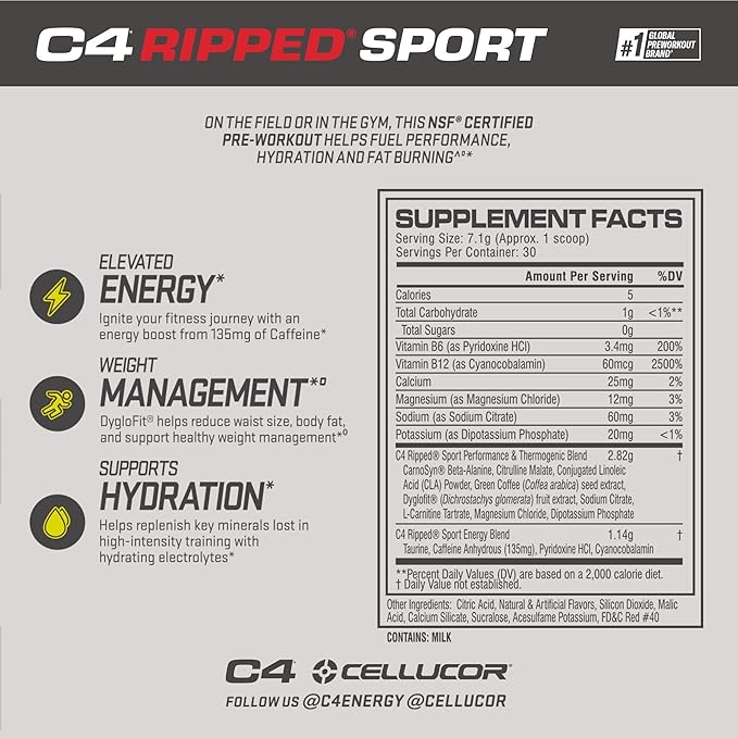 C4 Ripped Sport Pre Workout Powder Fruit Punch - NSF Certified for Sport + Zero Sugar Preworkout Energy Supplement for Men &amp Women - 135mg Caffeine + Weight Loss - 30 Servings