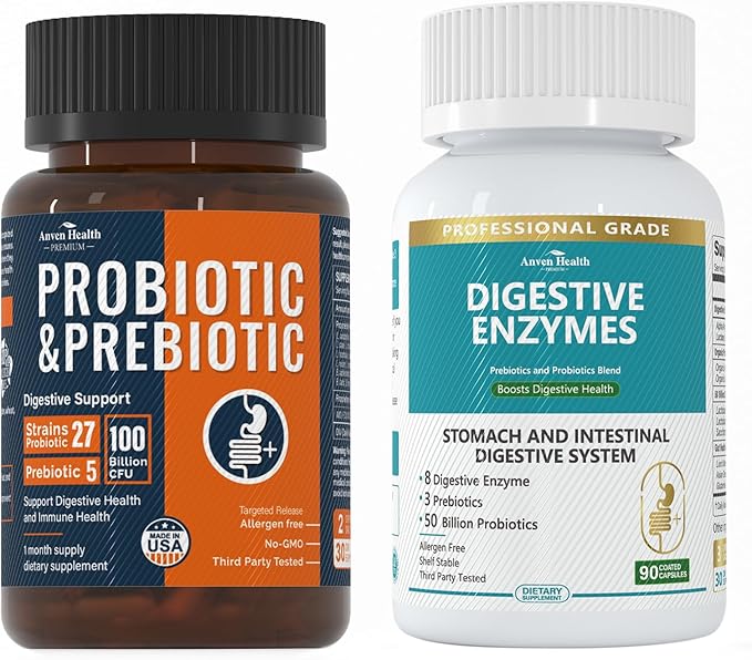 Total Gut Health Boost Bundle: Digestive Enzymes + 100 Billion Probiotics for Men &amp Women – Bloating Digestive Relief &amp Immune Support