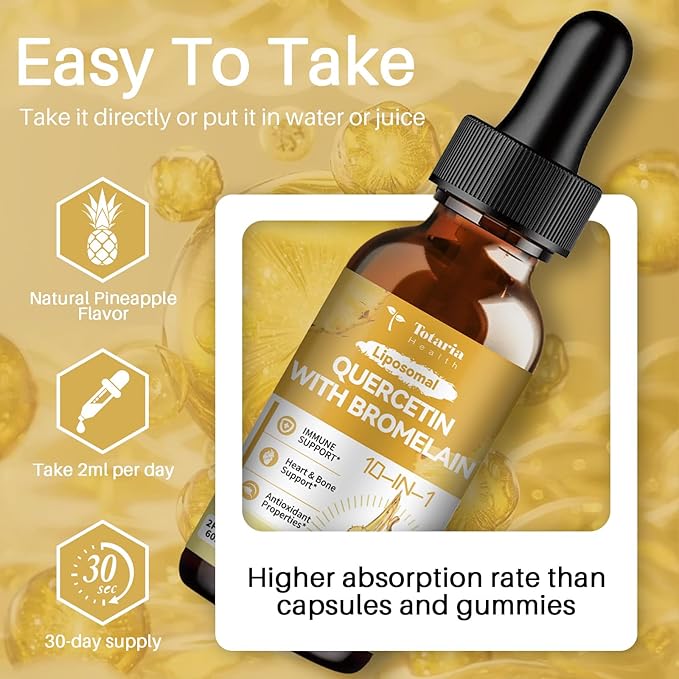 Totaria Liposomal Quercetin with Bromelain Liquid Drops - High Absorption Quercetin 1000mg &amp Bromelain 500mg Plus ElderberryVitamin CZinc for Immune &amp Antioxidant &amp Heart &amp Bone Supp