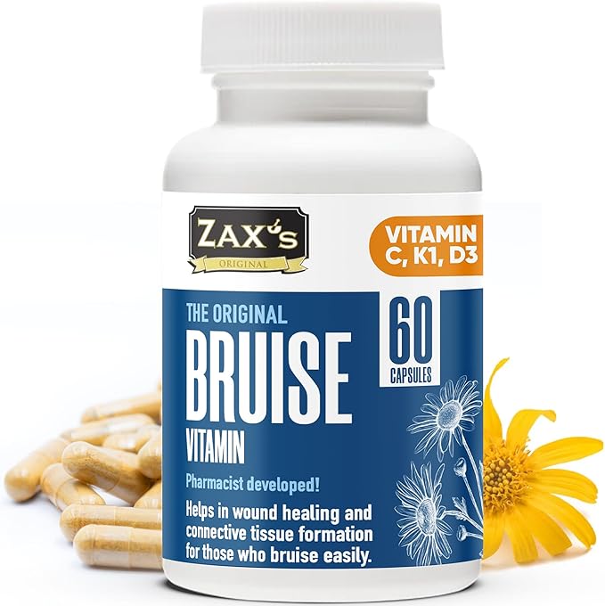ZAX'S Bruise Vitamin Pharmacist Developed Bruising Supplements Potent Bruising Swelling Reducer Zinc Vitamin K D3 Ascorbic Acid Citrus Bioflavonoids 60 Caps Combine Arnica Bruise Cream