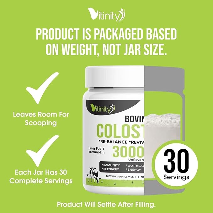 VITINITY Grass Fed Bovine Colostrum Powder for Humans 3000 mg - Natural IgG Colostrum Supplement Gut Health Immune Support Muscle Recovery Wellness | Pure Colostrum SuperfoodUnflavored 2 Pack