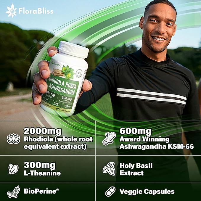 FloraBliss Rhodiola Rosea with Ashwagandha KSM-66 L-Theanine Holy Basil &amp Black Pepper - 90 High Potency Vegan Capsules - 45-Day Supply