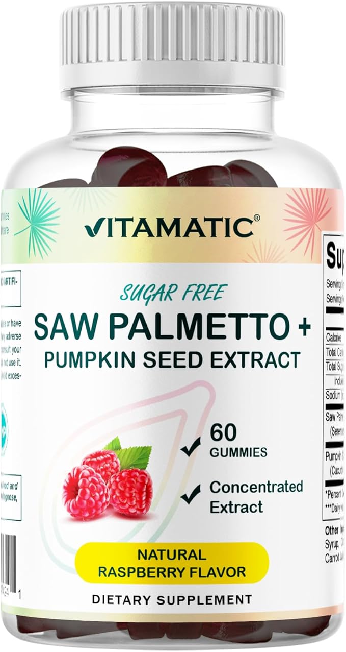 Vitamatic Pumpkin Seed &amp Saw Palmetto Gummies – Sugar-Free Botanical Extract – Natural Raspberry Flavor – Vegan Non-GMO Plant-Based Gummies – 60 Count - 2 Pack (120 Count)