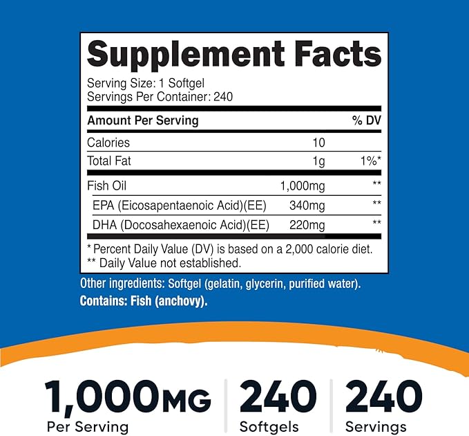 Nutricost Fish Oil Omega 3 Softgels with EPA &amp DHA (1000mg of Fish Oil 560mg of Omega-3) 240 Softgels Non-GMO Gluten Free.
