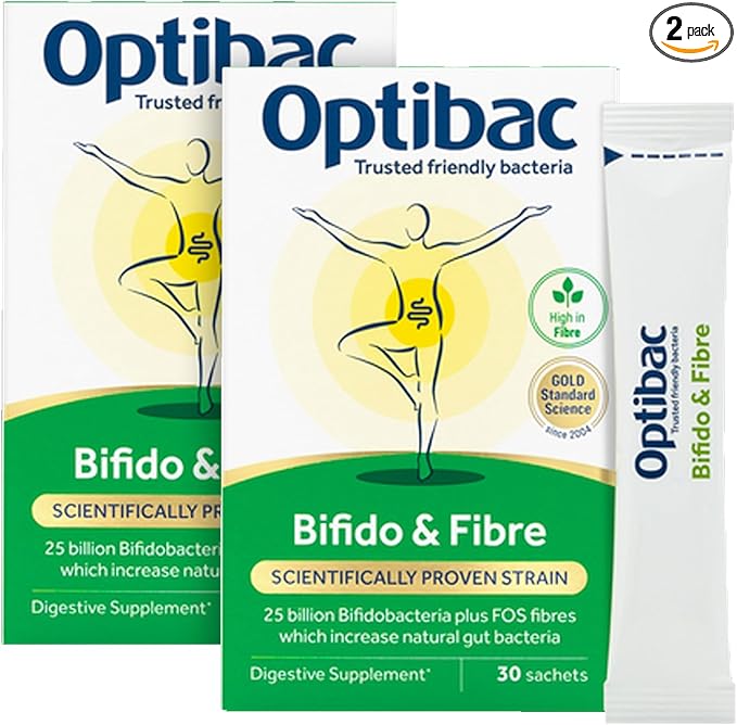 Optibac Probiotics Powder with Bifidobacteria &amp Fibre 30 Sachets 2 Pack | 25 Billion CFU + 4g FOS Fibre | Vegan Probiotic &amp Prebiotic Blend | Shelf Stable &amp Gluten Free | for Everyday Dige