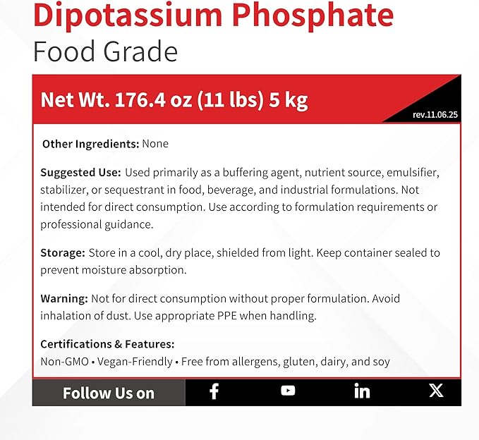 Dipotassium Phosphate DKP Food Grade Granular - 5 kg (11 lb) - FG Buffering Agent &amp Emulsifying Salt - K2HPO4 - Bulk Ingredient
