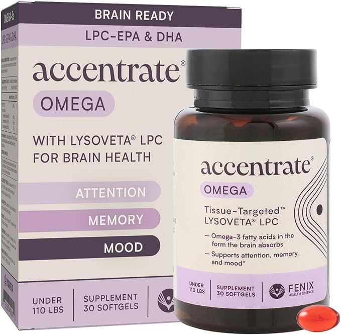 Omega w/LYSOVETA LPC | EPA &amp DHA Supplements for Brain Health | Focus Attention Memory &amp Mood | 6X Higher Absorption Than Fish Oil | Omega-3 Fatty Acid Supplements | Highest Potency LPC-DHA