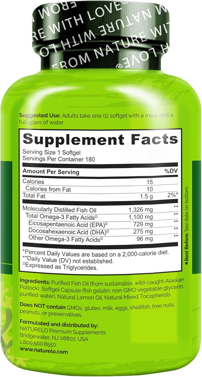 NATURELO Burpless Omega 3 Fish Oil Supplement - 1100mg Triglyceride Omega-3 EPA + DHA for Heart Eye Brain Joint Health - 180 Softgels 6 Months Supply