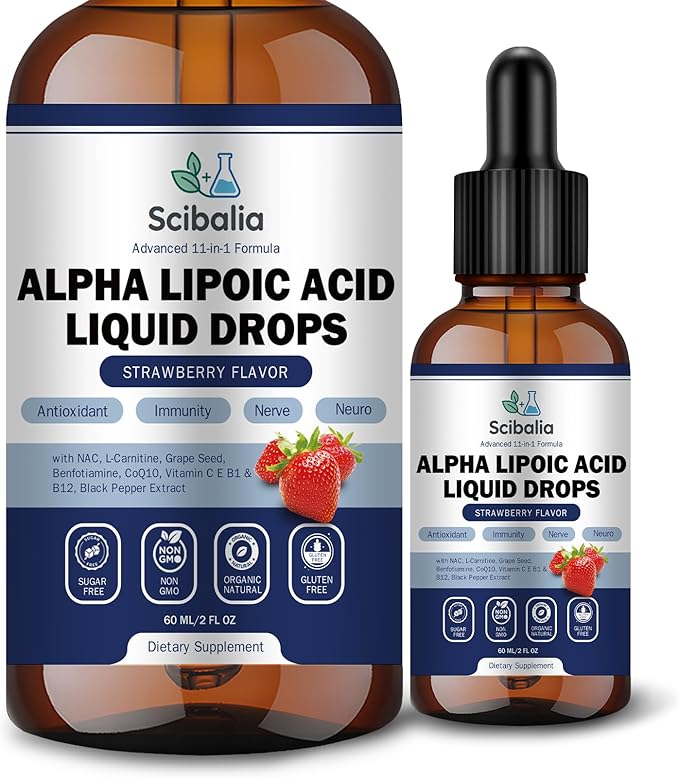 Alpha Lipoic Acid 1000mg Liquid Drops Max Strength 11-in-1 ALA Supplement w. Acetyl L-Carnitine Benfotiamine &amp B1 B12 C E Alpha-Lipoic Acid Nutritional for Neuropathy Nerve Energy Antioxidant