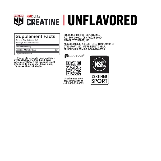 Muscle Milk Pro Series Creatine Powder Supplement Unflavored 1.1 Pound 100 Servings 5g Creatine Monohydrate NSF Certified for Sport Packaging May Vary