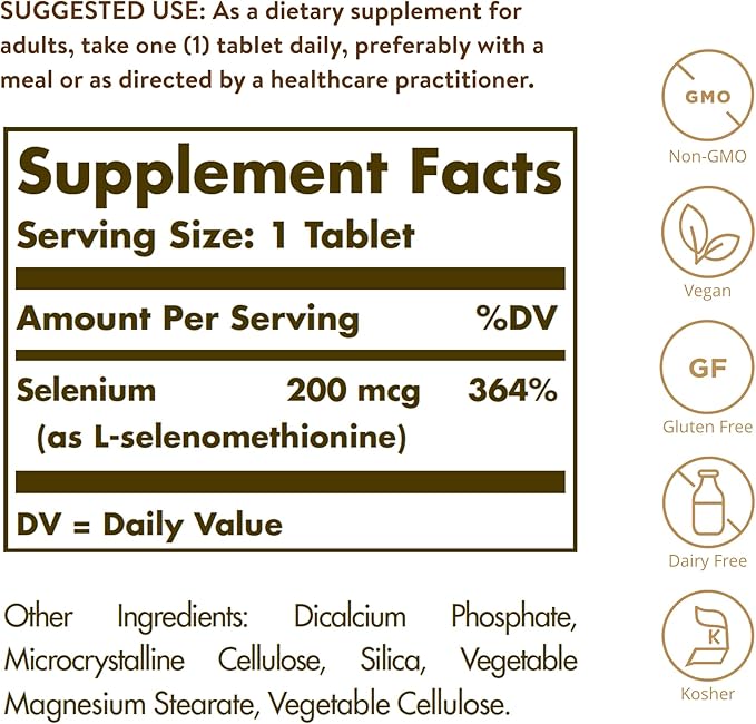 Solgar Yeast-Free Selenium 200 mcg 250 Tablets - Supports Antioxidant &amp Immune System Health - Non-GMO Vegan Gluten Free Dairy Free Kosher - 250 Servings