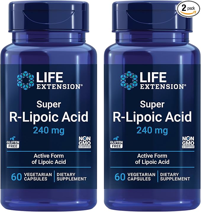 Life Extension Super R-Lipoic Acid Healthy Aging oxidative Stress Defense with 240 mg Active R-Form Gluten-Free – Non-GMO – Vegetarian – 60 Capsules (Pack of 2)