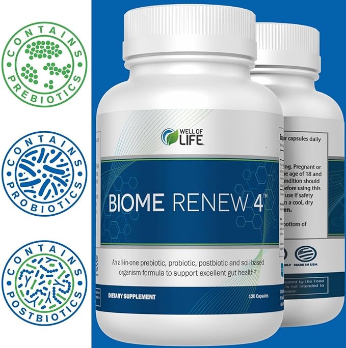 Well of Life Biome Renew 4 - All-in-one Digestive &amp Gut Health Formula - w/Digestive Enzymes Prebiotics &amp Probiotics for Healthy Gut Biome for Men and Women - Supports Gut Lining Gas &amp Bl