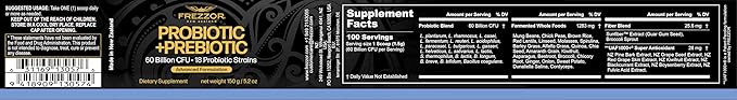 FREZZOR Probiotic + Prebiotic Powder Once Daily 60 Billion CFUs Digestive Health for Men and Women 18 Strains Shelf Stable with Fermented Wholefoods Prebiotic &amp Fibre 5Pk 750g 5 Month Sup
