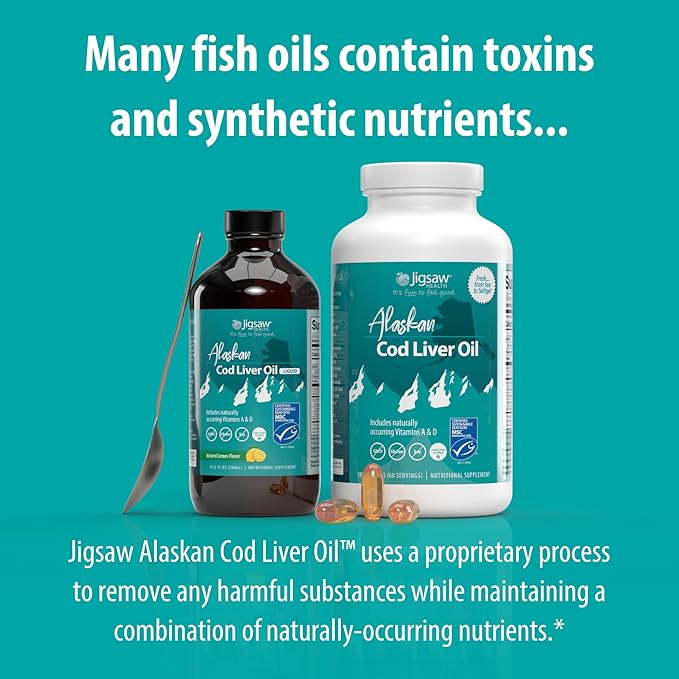 Jigsaw Health Alaskan Cod Liver Oil | 900 mg Omega-3s with EPA DHA and DPA | Includes Naturally Occuring Vitamins A &amp D | 180 Softgels | 60 Servings