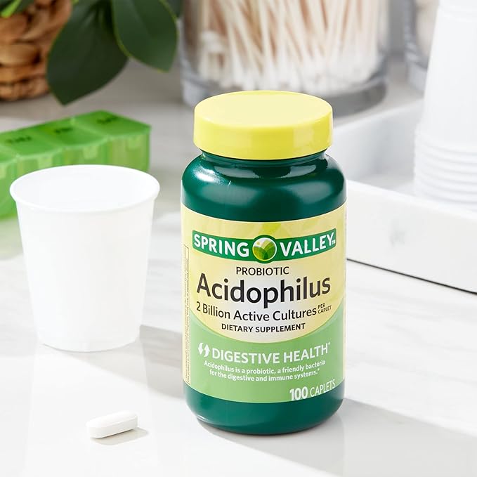 Spring Valley Acidophilus Supplement Probiotics for Women &amp Men Supports Digestive Health 100 Count 2 Billion Active Cultures for a Healthy Digestive System Bundle with Luall's 45 Diabetes Deco