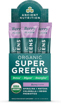 Ancient Nutrition SuperGreens Powder with Probiotics Organic Berry Flavor Greens Made from Real Fruits Vegetables and Herbs Digestive and Energy Support 16 Stick Packs 4.2oz