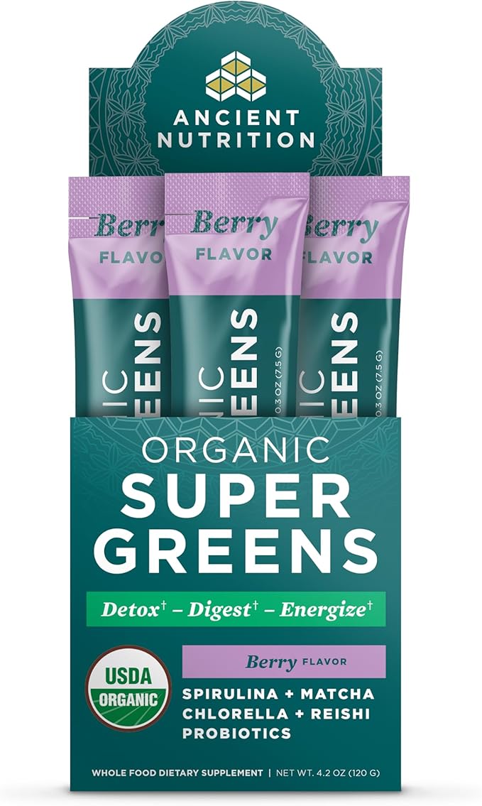 Ancient Nutrition SuperGreens Powder with Probiotics Organic Berry Flavor Greens Made from Real Fruits Vegetables and Herbs Digestive and Energy Support 16 Stick Packs 4.2oz