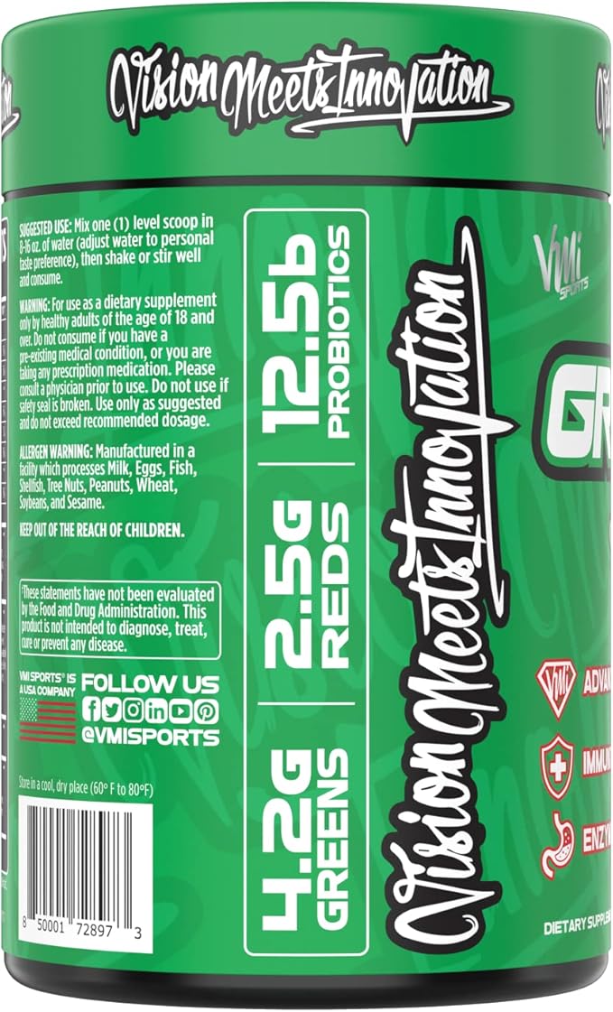 VMI Sports Greens + Reds Advanced Superfood Immunity and Gut Health | Enzymes &amp Probiotics | 30 Servings (Strawberry Kiwi)